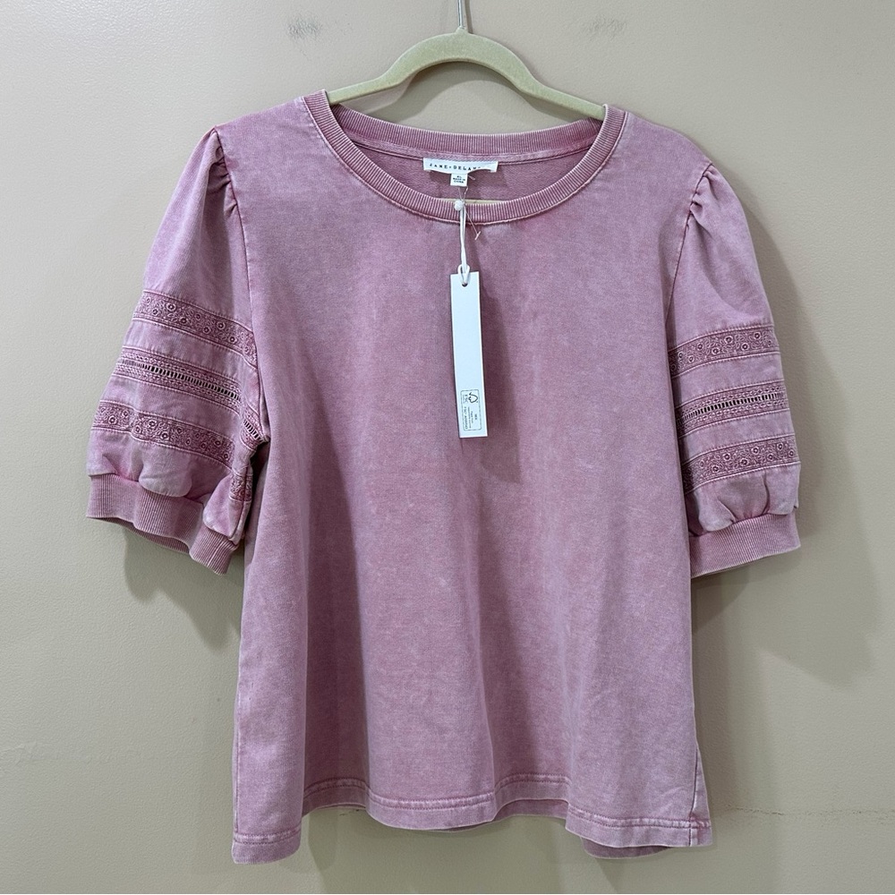 Jane And Delancey Acid Pink Eyelet Lace Puff Sleeve Tee Top Women XL NWT